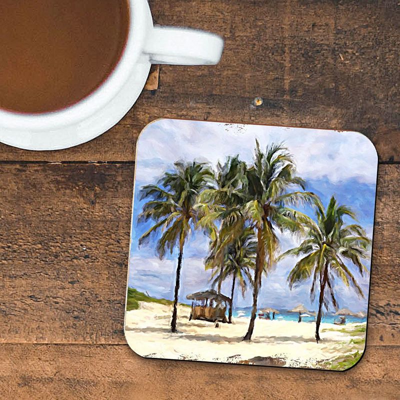 Palm Trees Beach Coastal Wooden Cork Coasters Gift Set of 4 by Nature Wonders