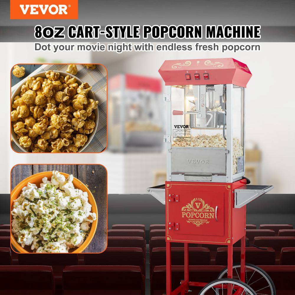 VEVOR 850-Watt 8 oz. Red Popcorn Maker on Wheels Kettle Commercial Popcorn Machine with 3-Switch Control CSBMHJ8OZ850W171EV1