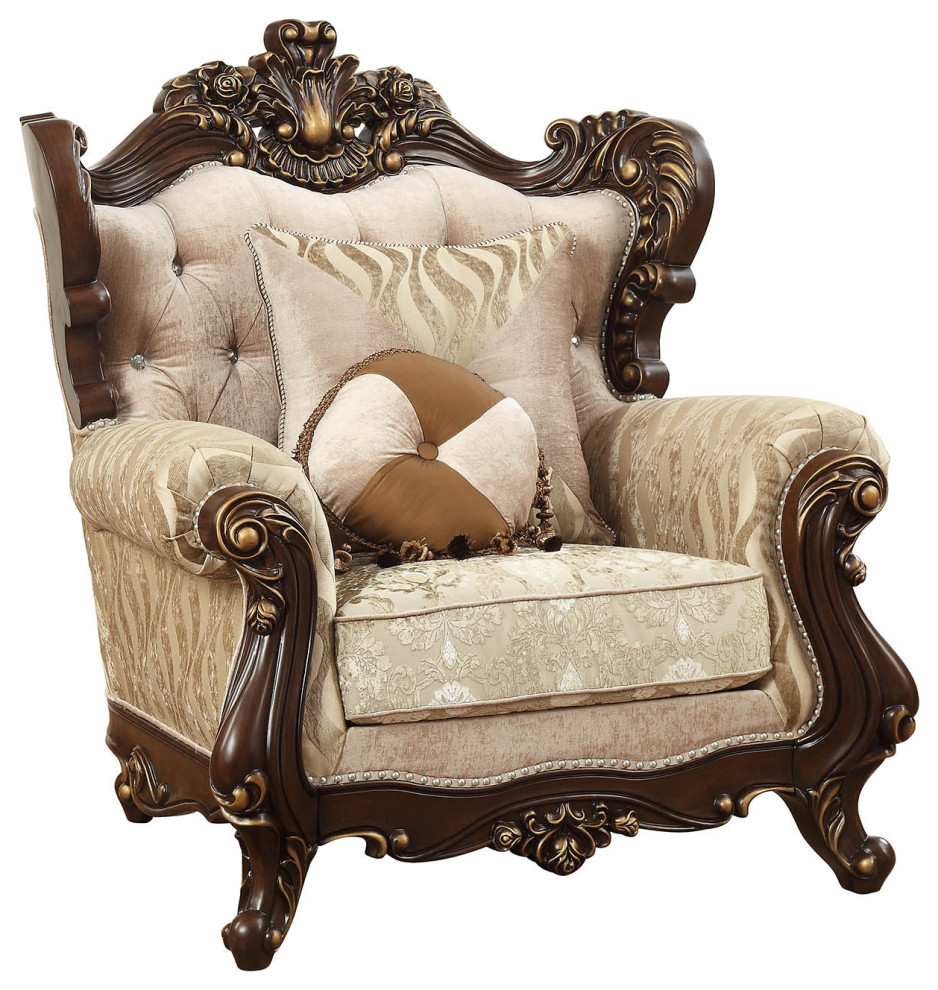 36 quotBeige And Brown Fabric Damask Tufted Chesterfield Chair   Victorian   Armchairs And Accent Chairs   by HomeRoots  Houzz