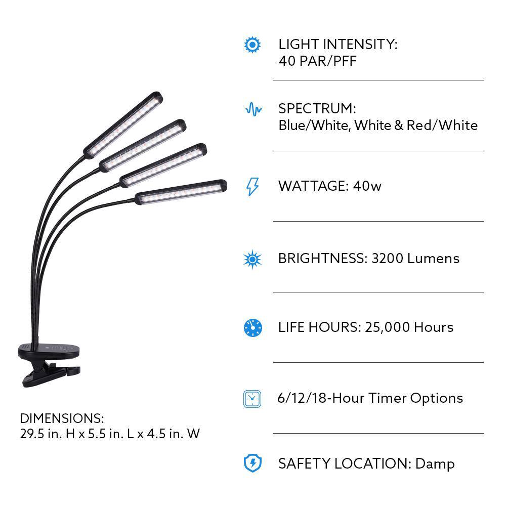 Feit Electric 29.5 in. 4 Flexible Head 40-Watt Clamp Mount White LED 3 Adjustable Spectrum Plant Grow Light White Adjustable Light GLP29BADJS40WLED