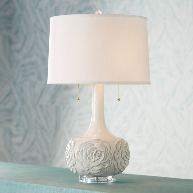 Tall White Ceramic Glaze Textured Floral Drum Shade For Bedroom Living Room Bedside