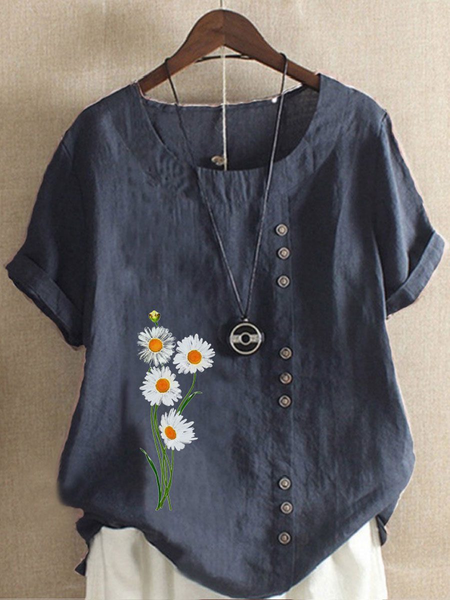 Round Neck Casual Loose Floral Print Short Sleeve Blouse