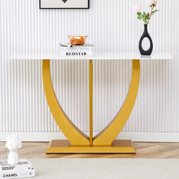 Modern and simple rectangular glass dining table in white with a pattern，white top and gold legs，suitable for entrance