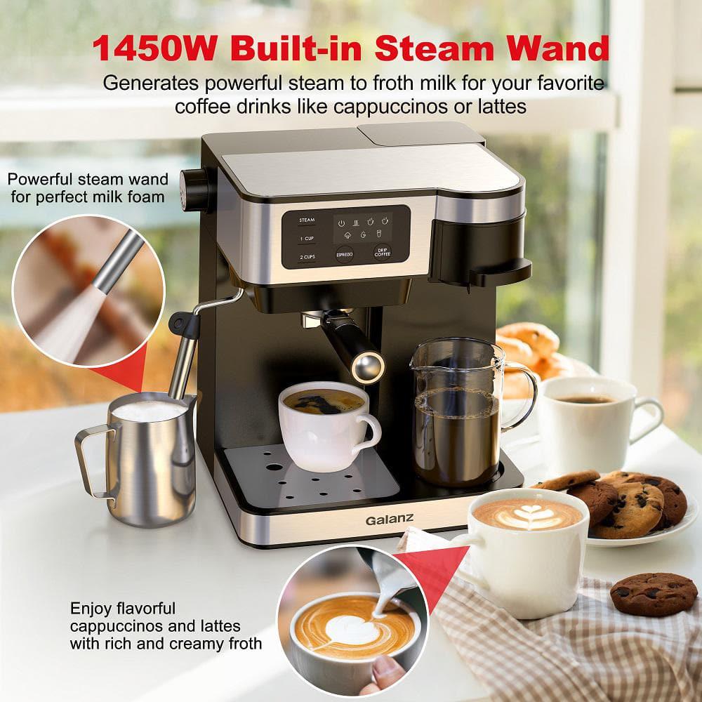 Galanz 2 Cup Stainless Steel Espresso Machine with Steam Wand and Drip Coffee Machine