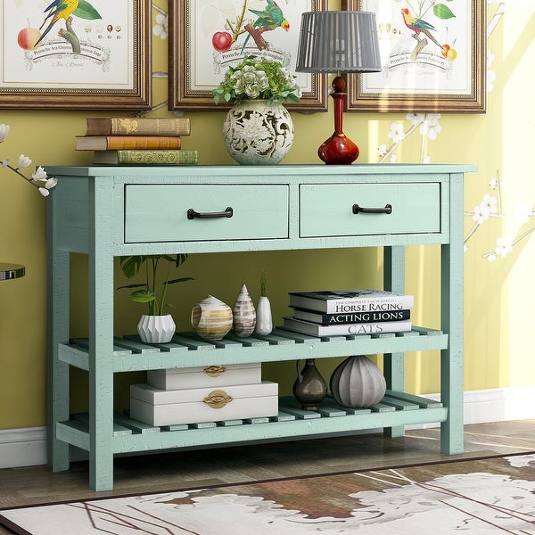 Retro Console Table for Entryway with Drawers and Shelf， Antique Blue