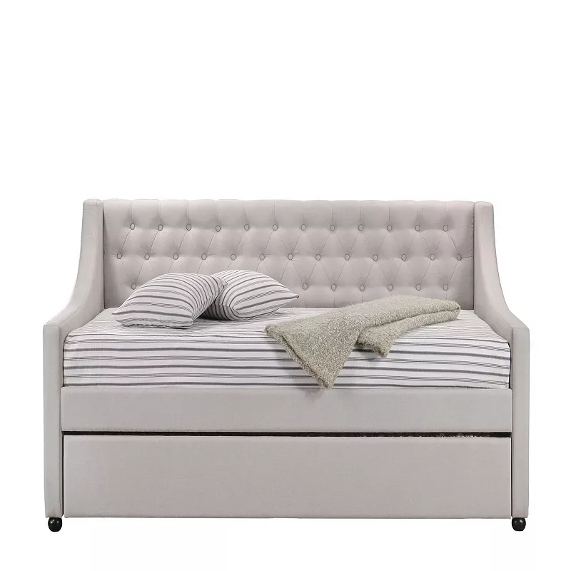 Fabric Twin Size Daybed with Button Tufted Back and Sloped Arms，Light Gray