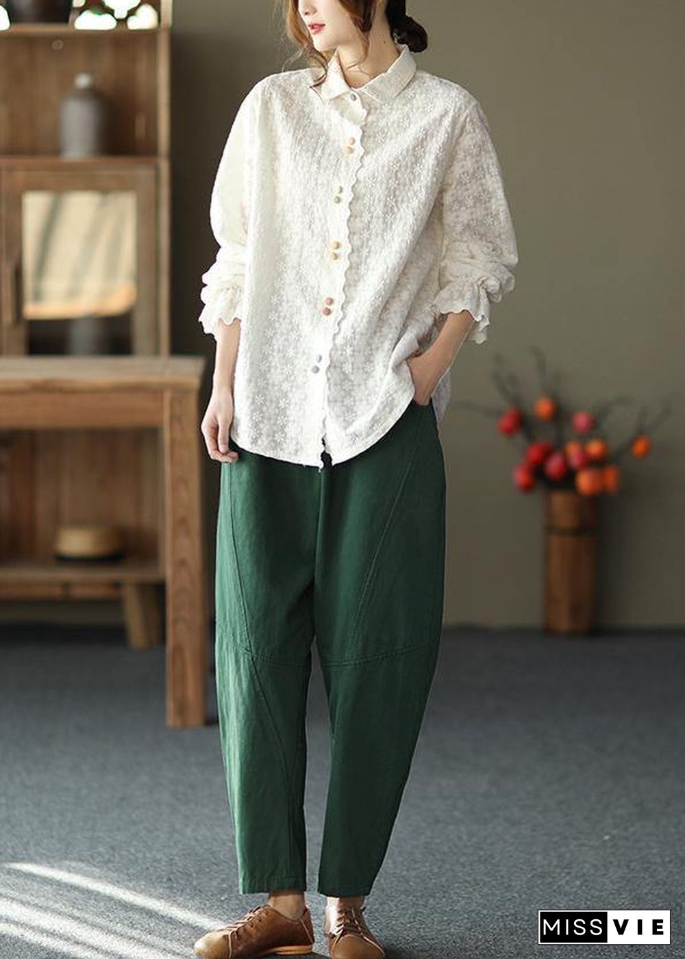 Women White Embroidery shirts Lapel white button loose Spring blouse