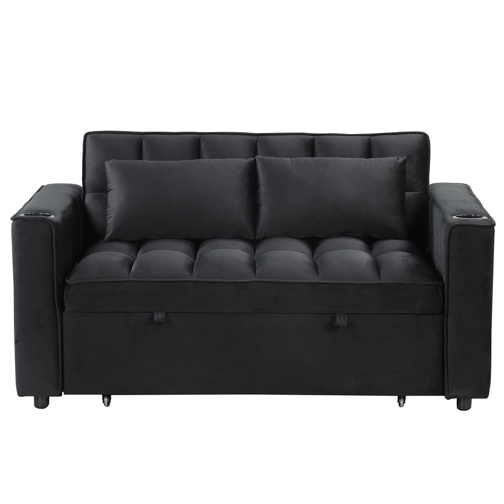 Velvet Upholstered Sofa Bed Convertible Sleeper Sofa with Cup Holder and USB Port   Perfect for Living Rooms and Apartments