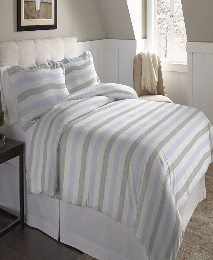 Pointehaven Savannah Stripe Superior Weight Cotton Flannel Duvet Cover Set， Twin Twin XL