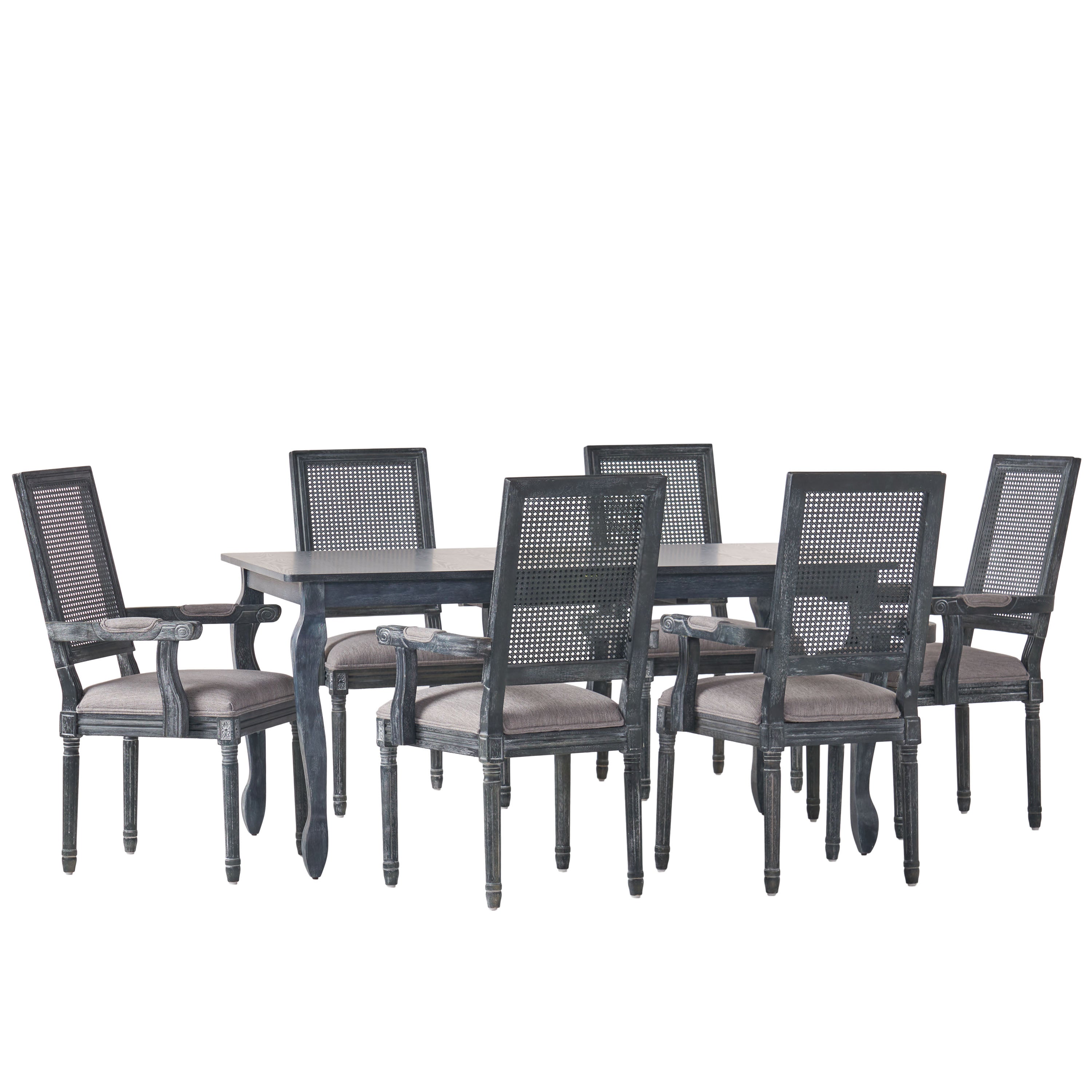 Regan French Country Fabric Upholstered Wood and Cane Expandable 7 Piece Dining Set