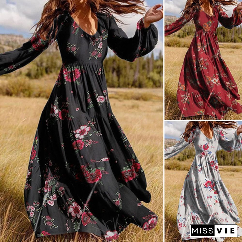 Zanze Women Crew Neck Long Sleeve Floral Print Muslim Dress Maxi Dress Plus Size Baggy Oversize Swing Party Dresses