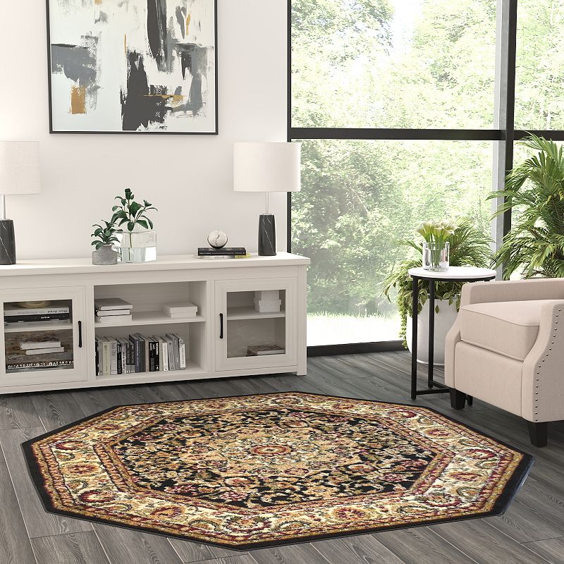 Masada Rugs Masada Rugs Bellagio Collection 5'x5' Traditional Octagon Area Rug in Black - Design B401