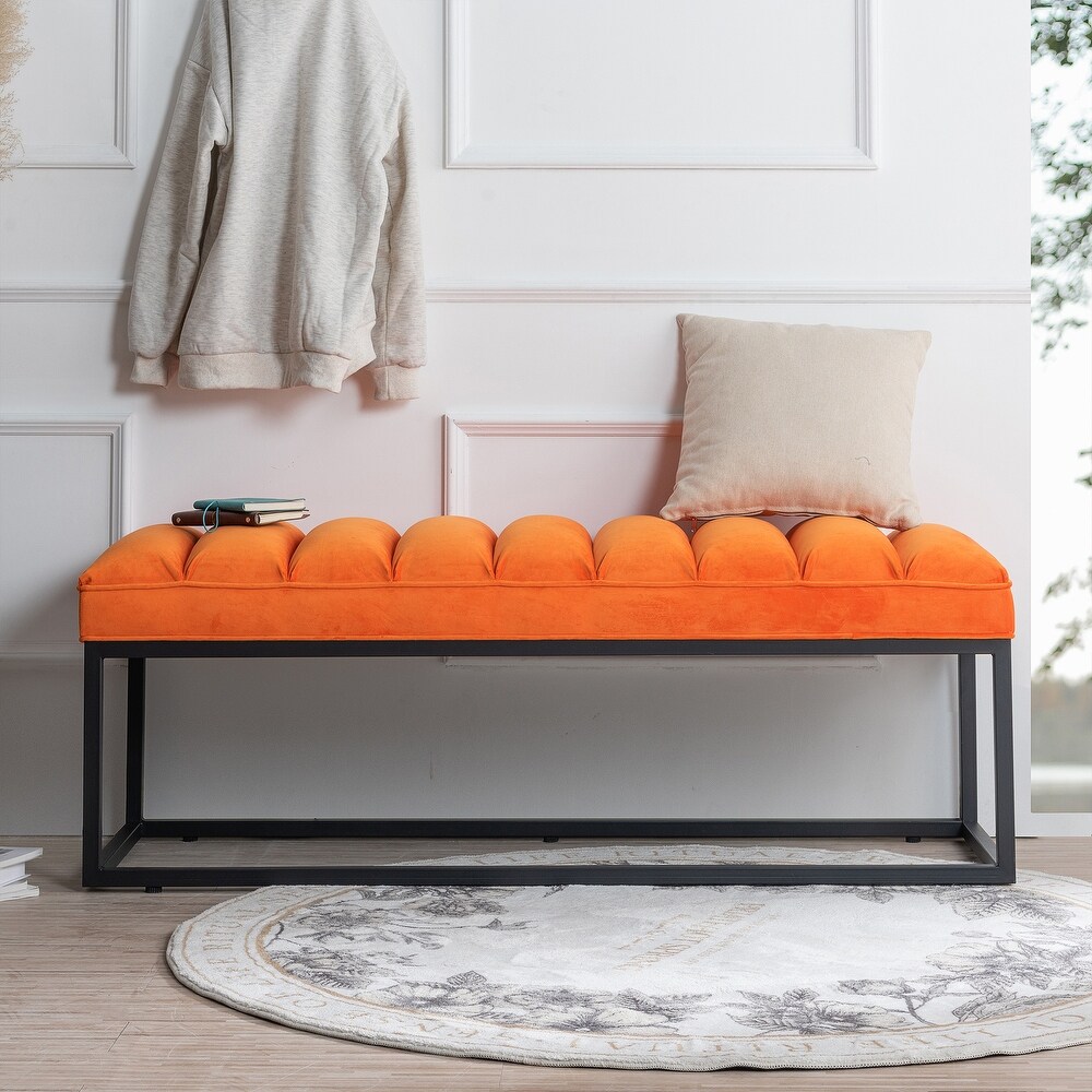 Orange Bedroom End of Bed Ottoman Bench w/ Padded Seat   Metal Leg