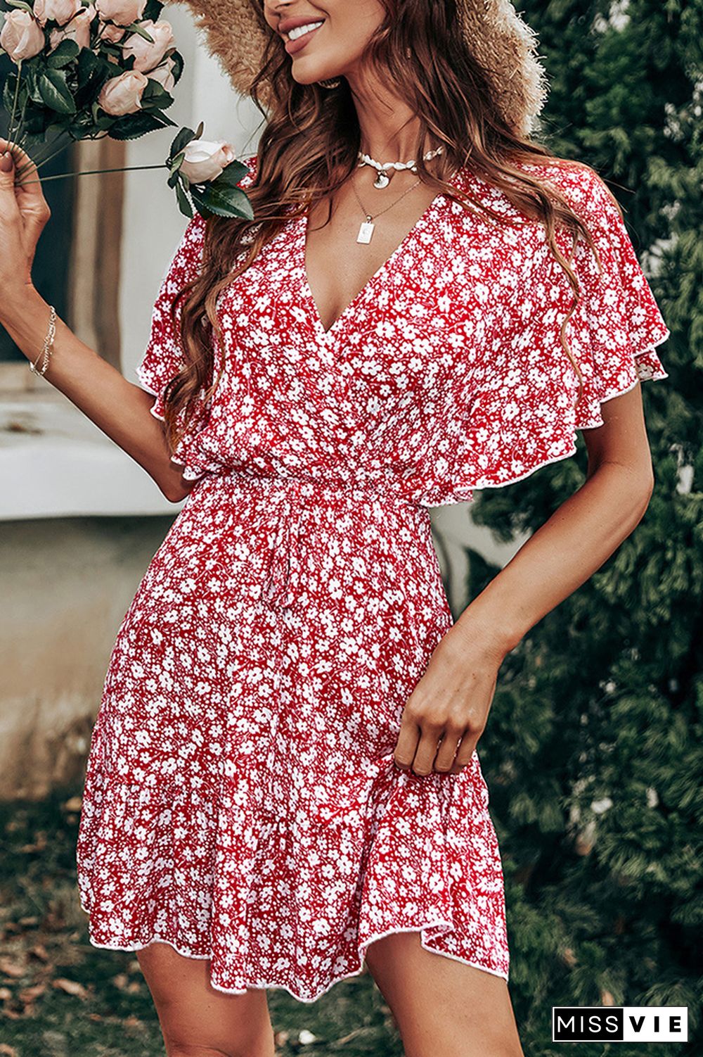 Red V Neck Floral Short Sleeve Dress Wholesale