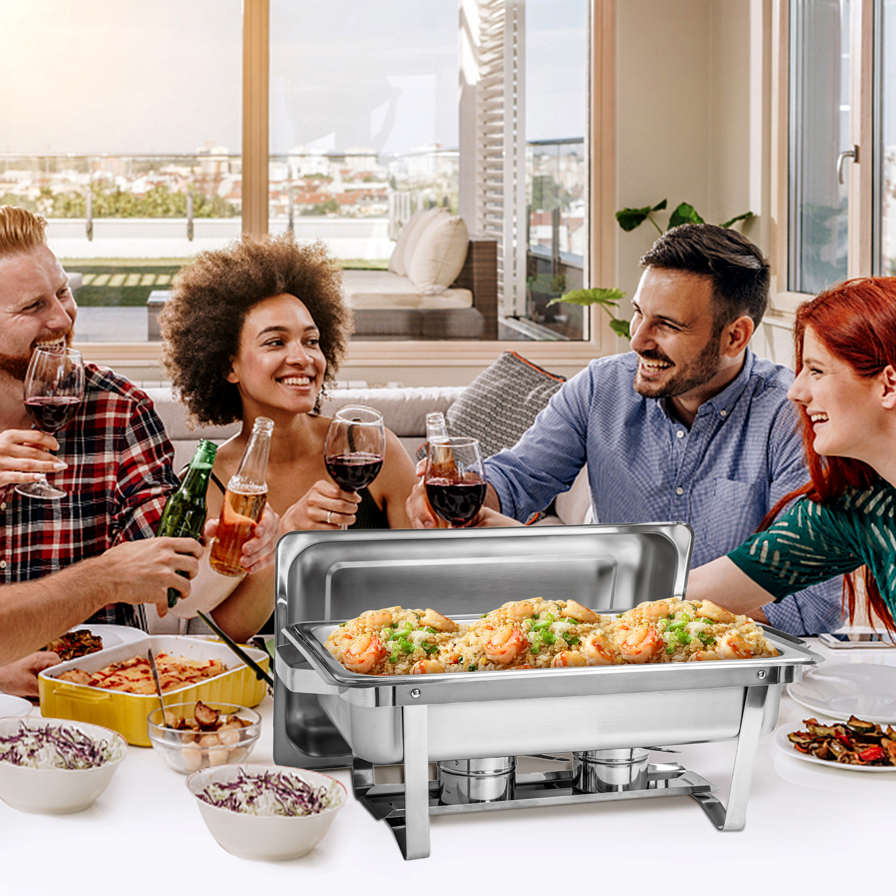 Grandma Shark 4PC 8 Qt/9L Folding Stainless Steel Rectangular Buffet Set Chafing Dishes with Alcohol Furnace， Silver