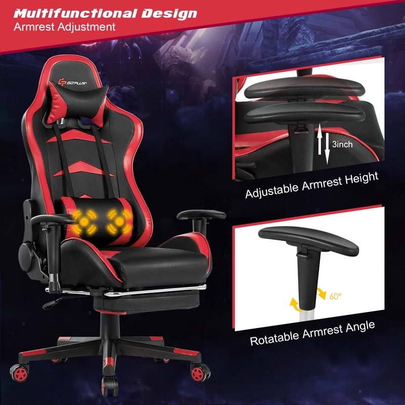 PU Leather Massage Gaming Chair with Footrest, Height Adjustable High Back Ergonomic Gamer Racing Recliner, Swivel PC Game Chair Office Chair