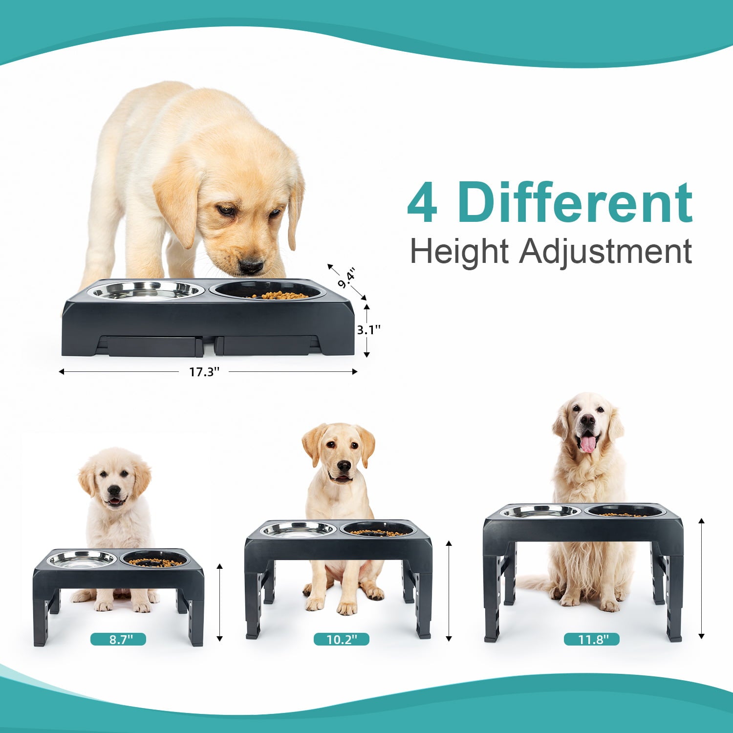 Pawque Elevated Dog Bowls for Large Medium Small Dogs With Storage, 4 Height Adjustable Raised Dog Bowl with Slow Fooding Bowl and Water Bowl, 2 Bowls