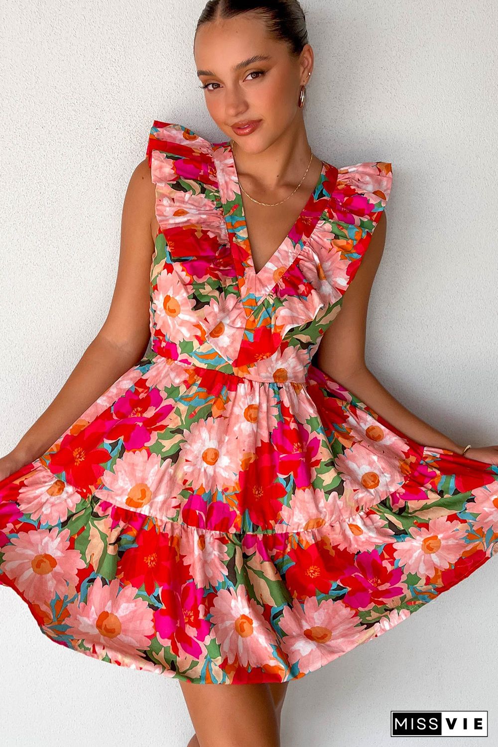 Red Floral Sleeveless V Neck Frill Mini Dress