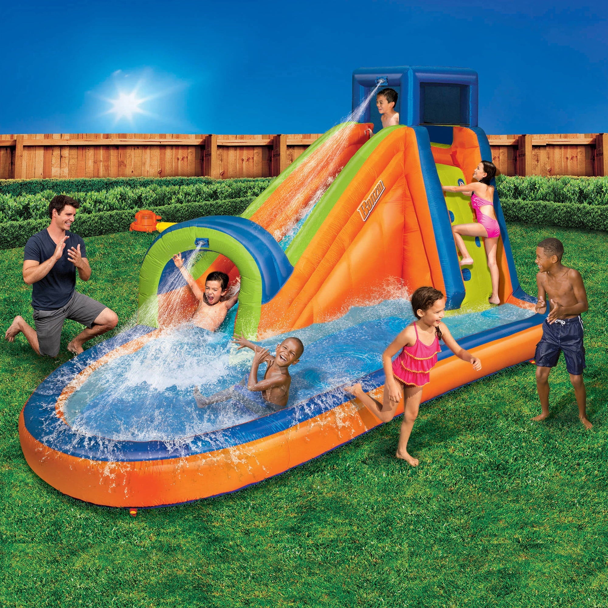 Banzai Pipeline Water Park Toy, Length: 14 ft 7 in, Width: 9 ft 6 in, Height: 7 ft 11 in, Inflatable Outdoor Backyard Water Slide Splash Toy