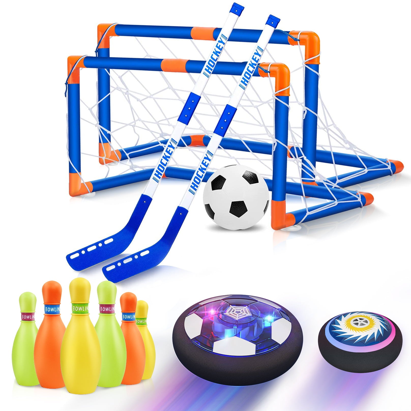 Hot Bee Hover Soccer Ball Set with 2 Goals, 3-in-1 LED Soccer Hockey Bowling Set Indoor/Outdoor Toys Gifts for Kids Boys Girls Ages 3+