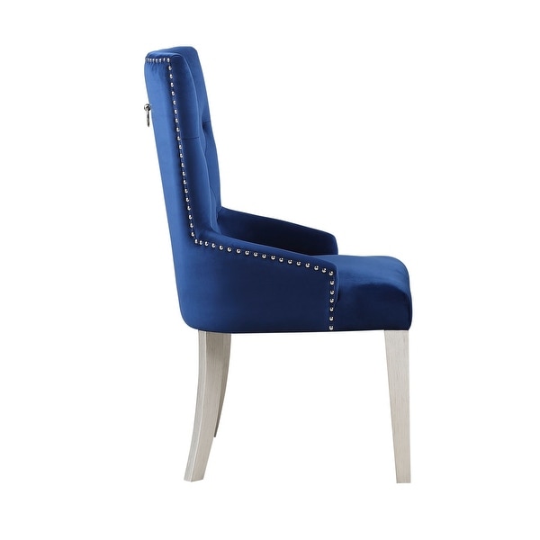 Varian Side Chair (1Pc)， Blue Fabric and Antique Platinum， Padded Seat and Back