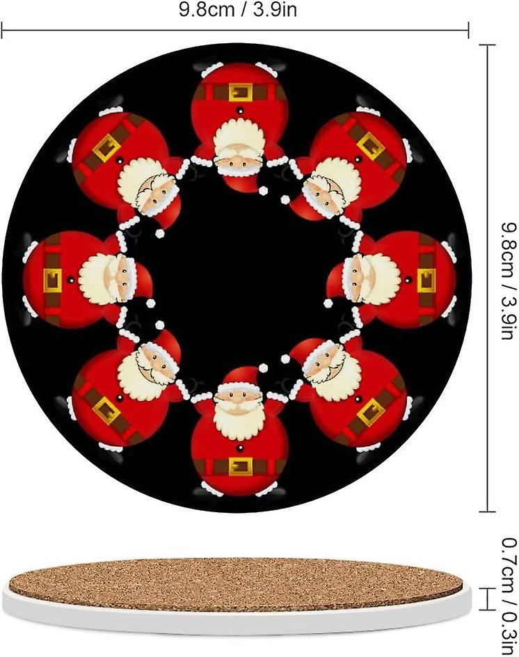 2pcs Round Christmas Santa Claus On Black Ceramic Coasters With Cork-backed For Coffee Drink Cup Mat Absorbent Stone Coasters