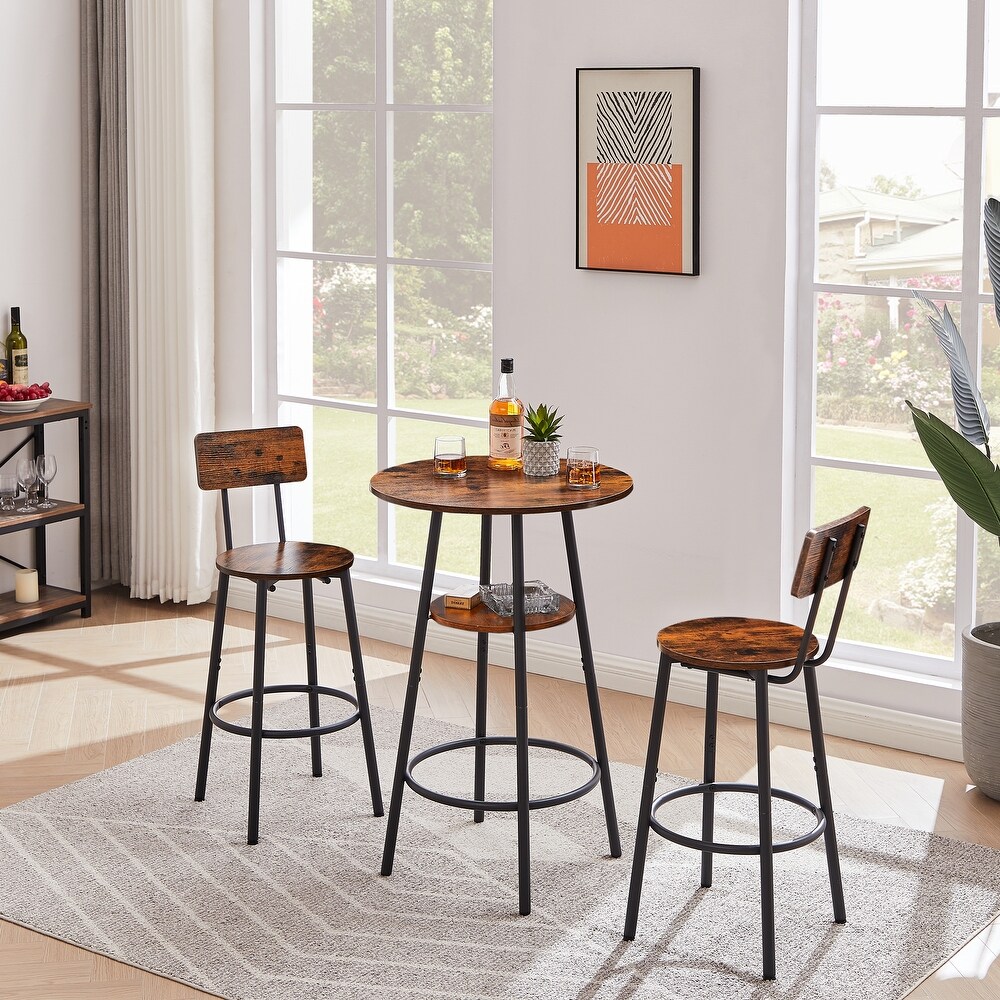 3 pcs Round Dining Bar Table Set with 2 Stool   Metal Frame (Set of 3)