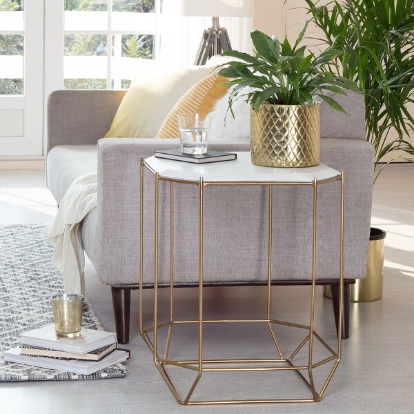 Finch Colton Solid Marble Top Accent Table with Gold Metal Base， White/Gold