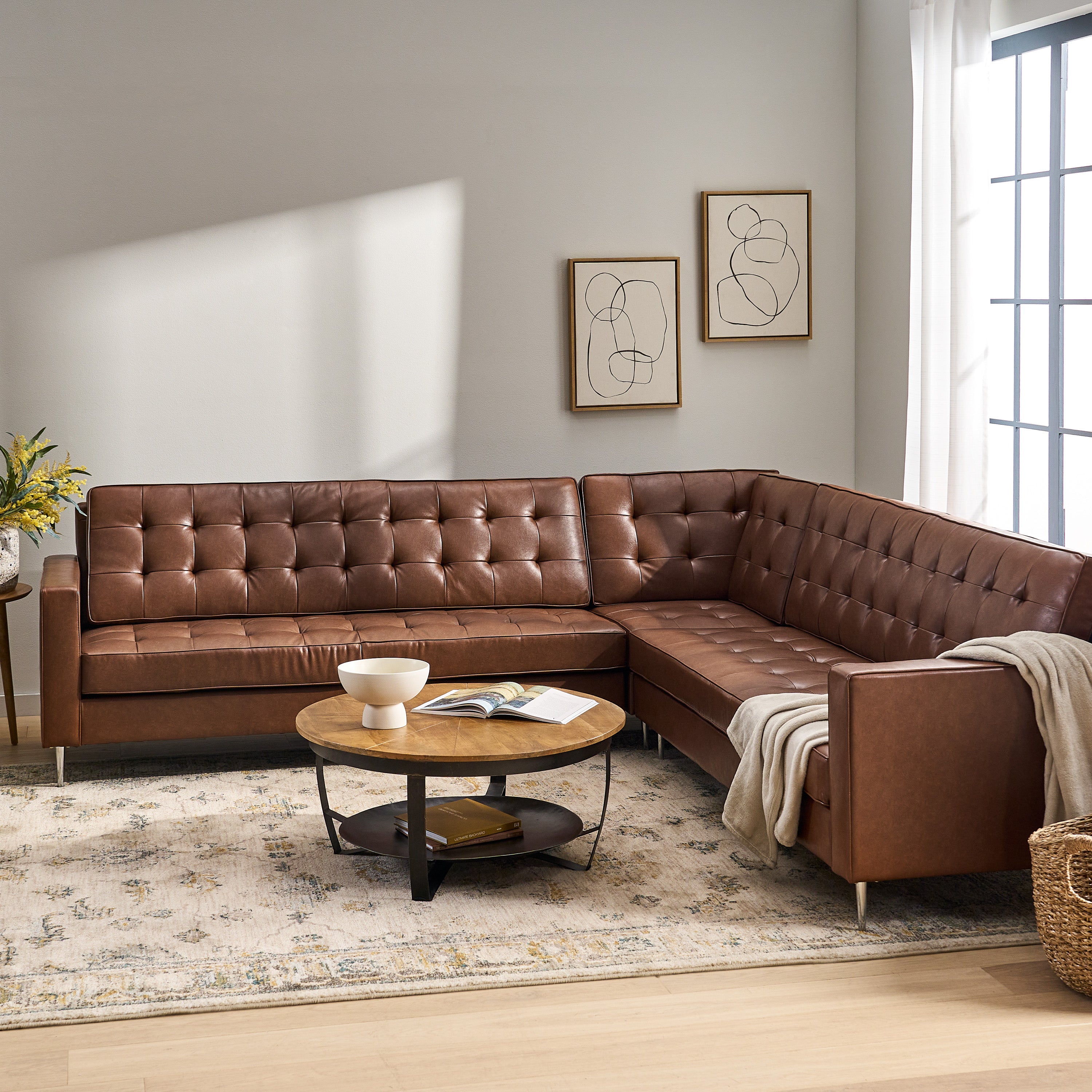 Goliath Contemporary Faux Leather Tufted 5 Seater Sectional Sofa Set