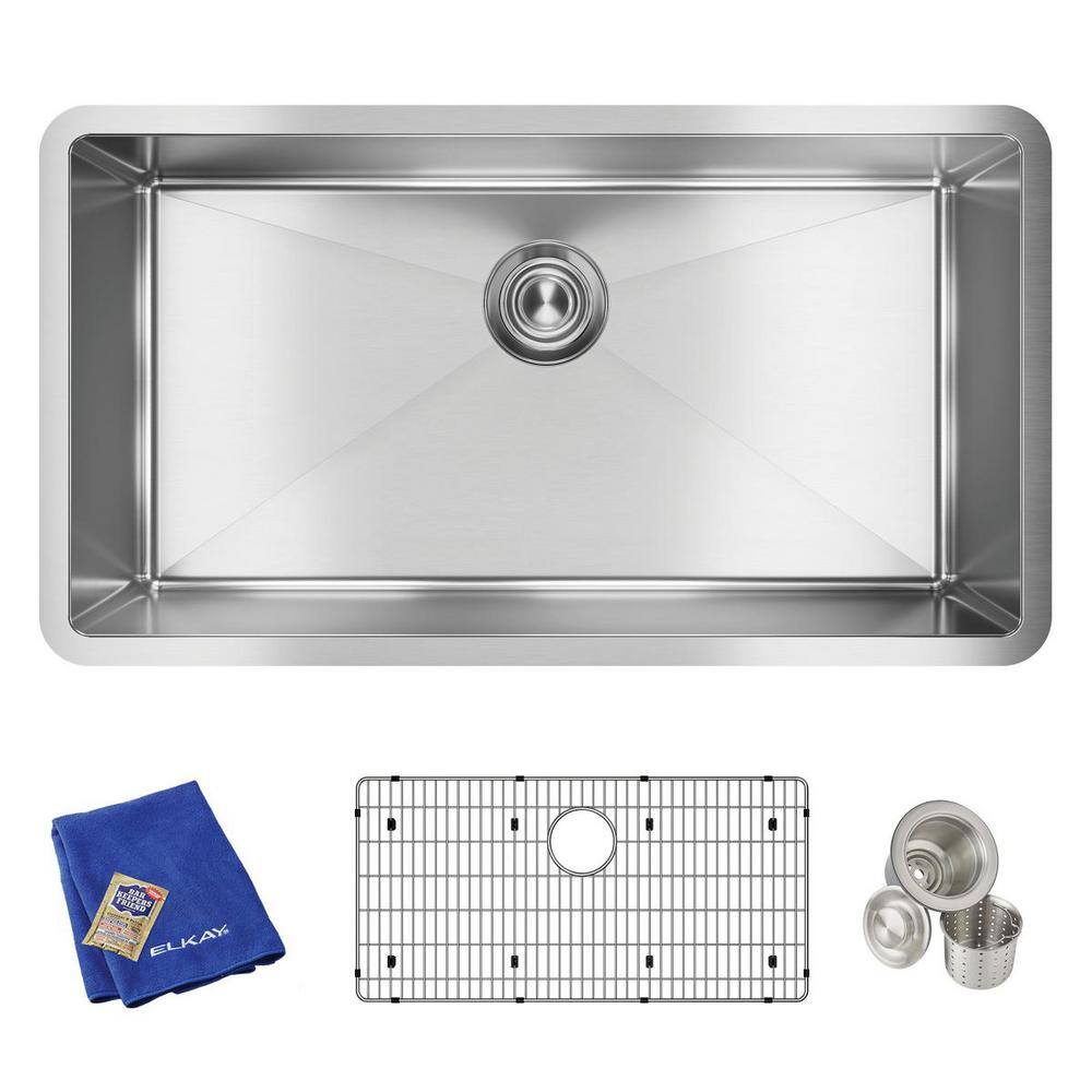 Elkay Crosstown Undermount Stainless Steel 33 in. Single Bowl Kitchen Sink with Bottom Grid and Drain EFRU311610TC