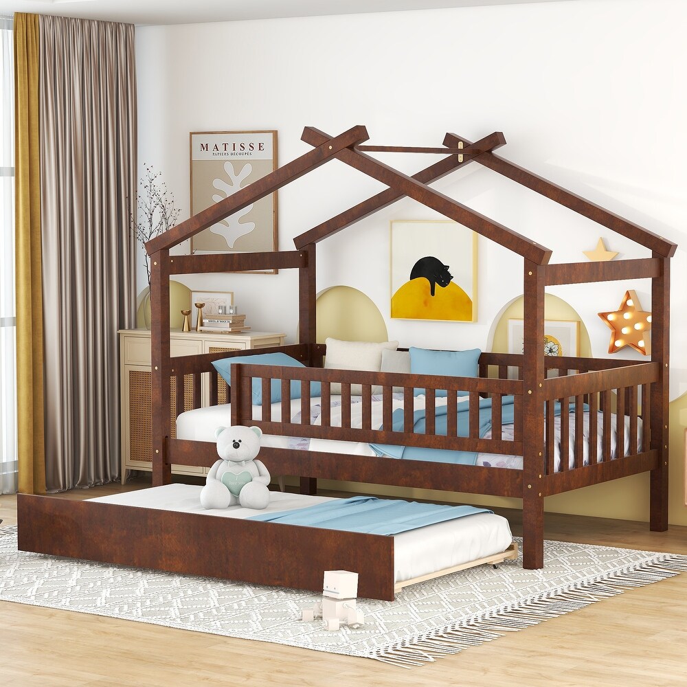 Nordic Twin Size Wooden House Bed with Twin Size Trundle Bed Frame   Safety Guard Rails No Box Spring Needed  Easy Assembly