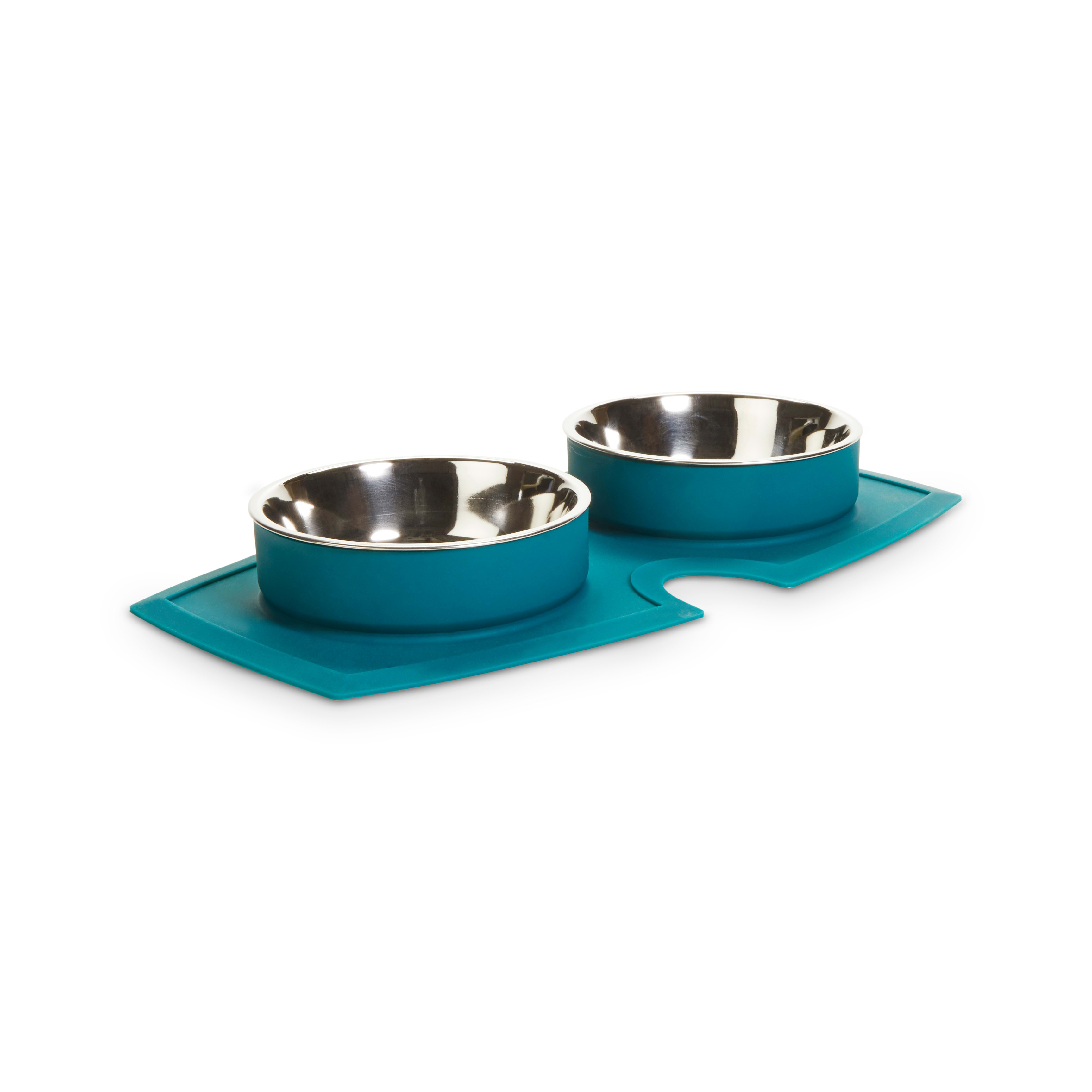 EveryYay Better Together Teal Silicone Double Diner with Stainless-Steel Bowls for Dogs， 2 Cups