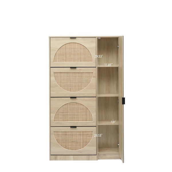 Natural Rattan Shoe Cabinet with 4 Tier Shoe Rack Storage Cabinet Wood 4 Door Free Standing Shoe Rack