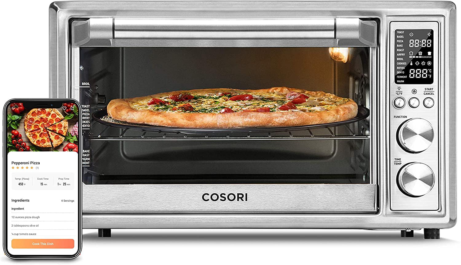 Cosori Toaster Oven Air Fryer CS130-AO, Smart 32QT Large Stainless Steel Countertop Convection Oven for Pizza, Rotisserie, 12-in-1, Silver