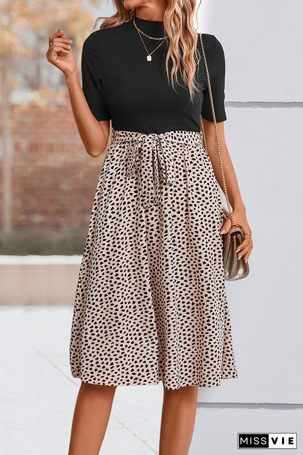 Short Sleeves Splicing Leopard Dress