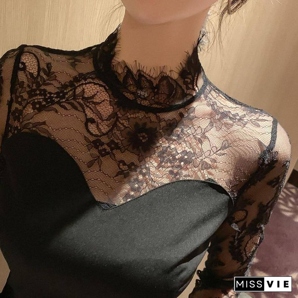 New Spring Autumn Woman Clothes Translucent Sexy Party Dress Lace stitching Long Sleeve Dresses Fashion Fall Women Clothing