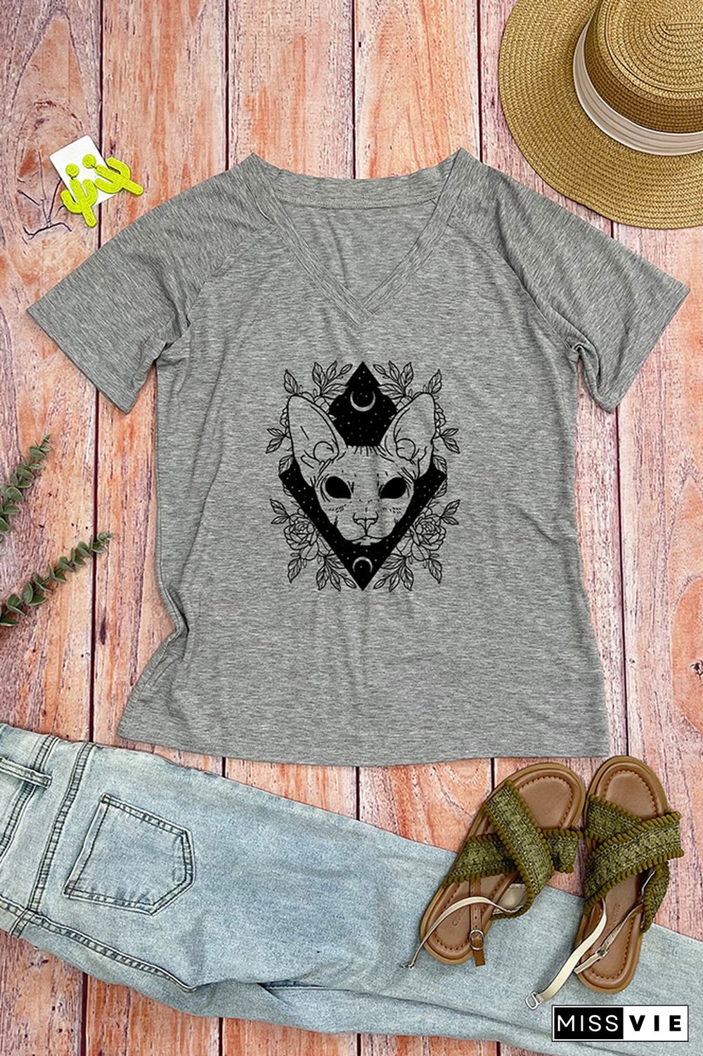 Mystic Sphynx V Neck Graphic Tee