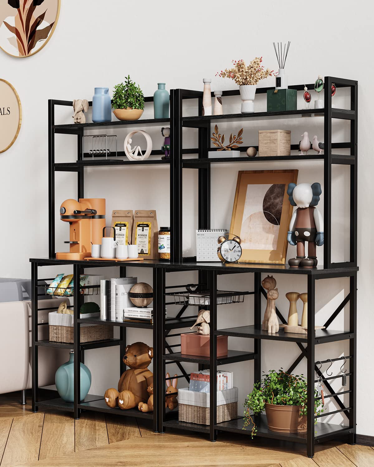 Aiho Home Kitchen 5 Tier Baker's Rack with Basket， Side Hooks - Black