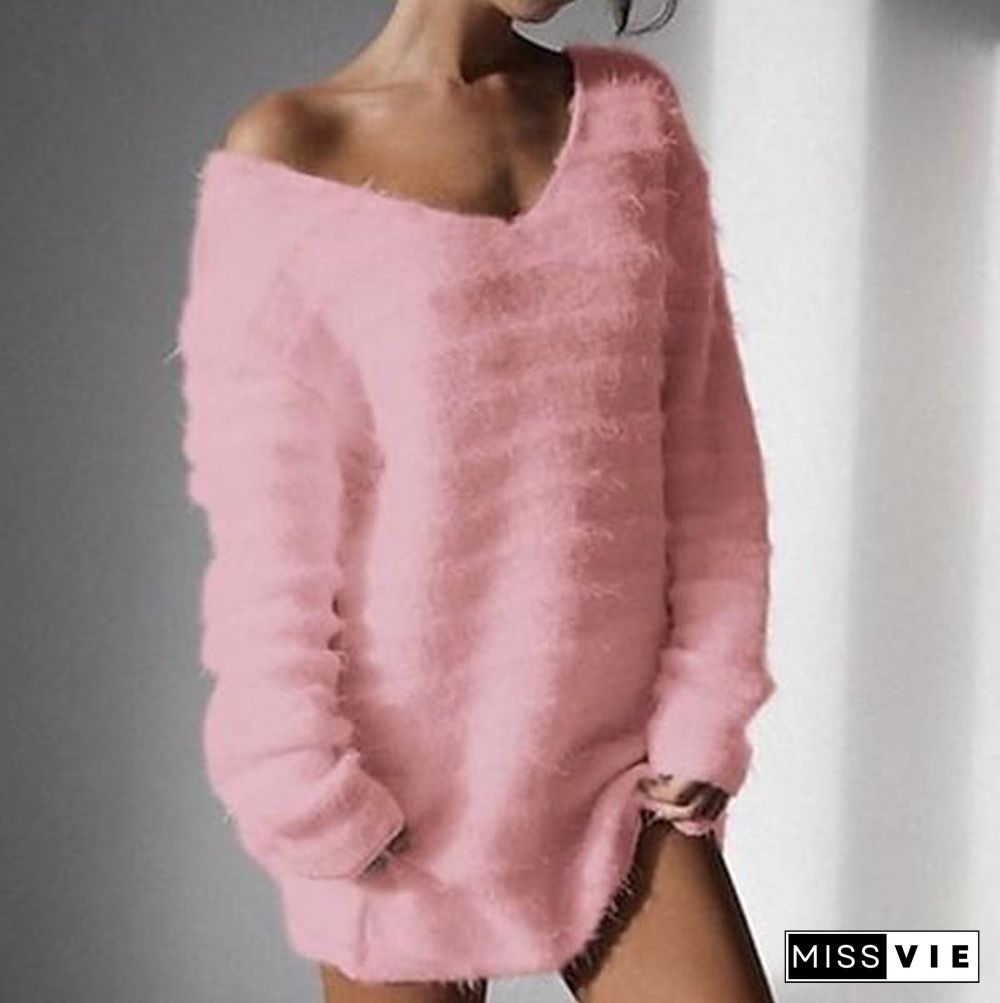 Long Sleeve V Neck Loose Sweater Dress Autumn Winter Casual Knit Pullover Tops