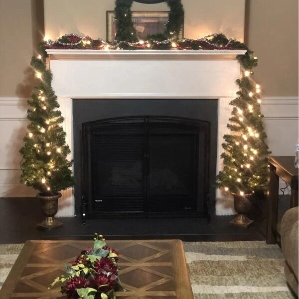 PreLit Holiday Christmas 4Piece Set with LED Lights，Christmas Garlands，Wreath and Set of 2 Entrance Trees