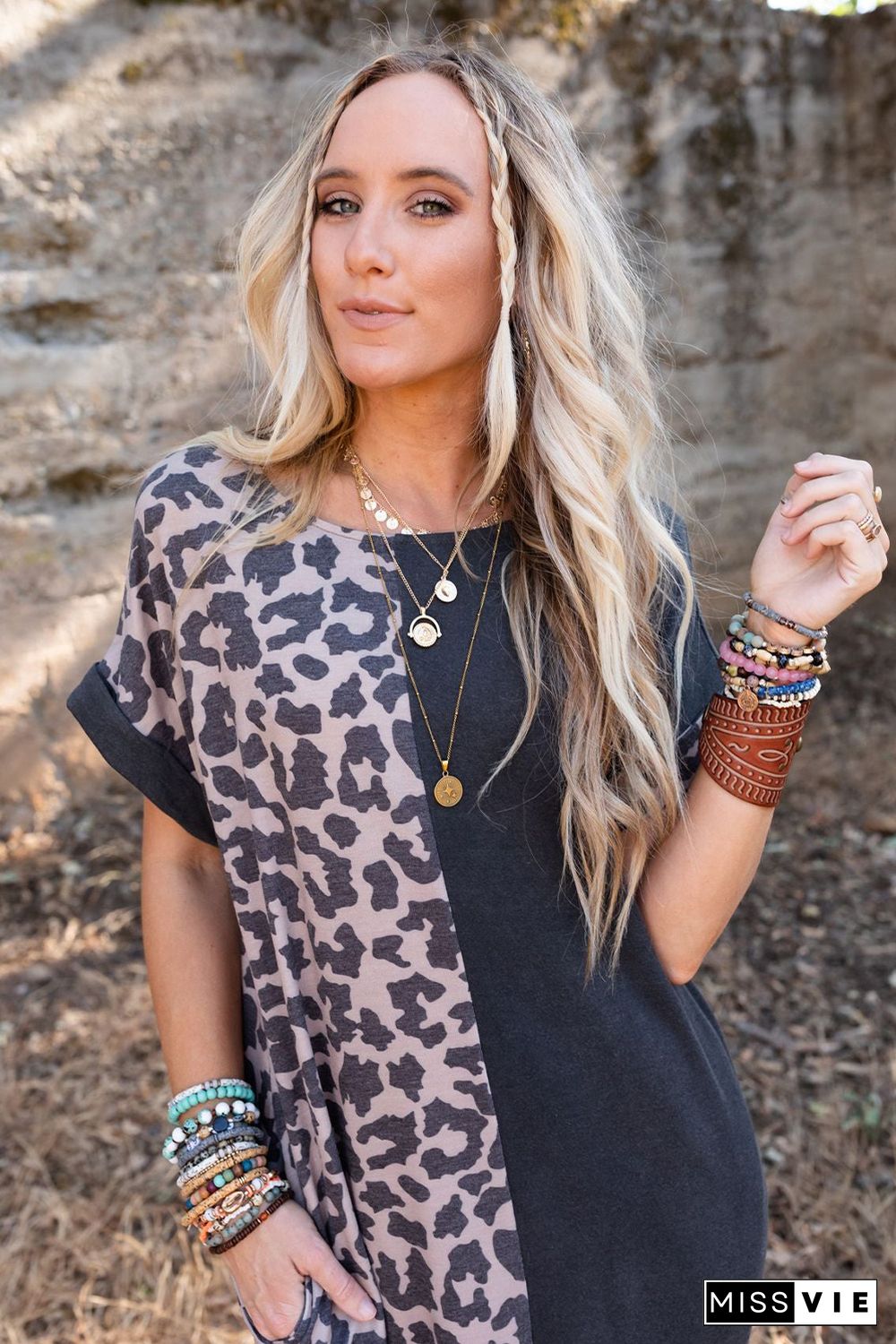 Black Contrast Solid Leopard Short Sleeve T-shirt Dress with Slits