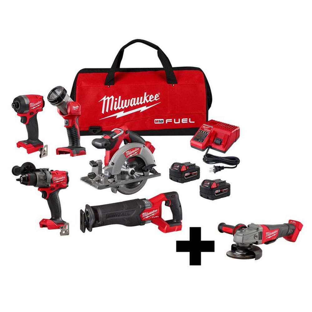 MW M18 FUEL 18-Volt Lithium-Ion Brushless Cordless Combo Kit (5-Tool) with FUEL 4-12 in.5 in. Grinder 3697-25-2880-20