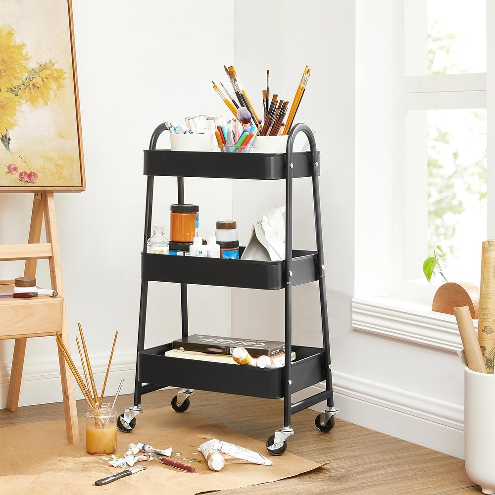 3 Tier Rolling Cart  Metal Storage Cart  Kitchen Trolley with 2 Brakes  for Painting Utensils Bedroom Laundry Room  Black