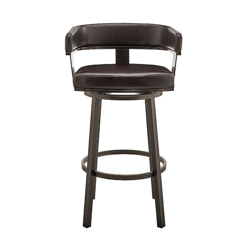 Swivel Barstool with Curved Open Back and Metal Legs， Dark Brown