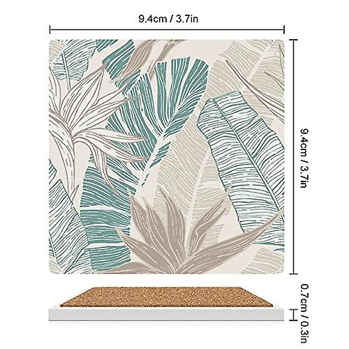 Colourlife Square Drink Coasters 6 Pcs Tropical Summer Palm Tree And Banana Leaves Absorbent Ceramic Coffee Coasters For Drinks With Cork Base Housewa