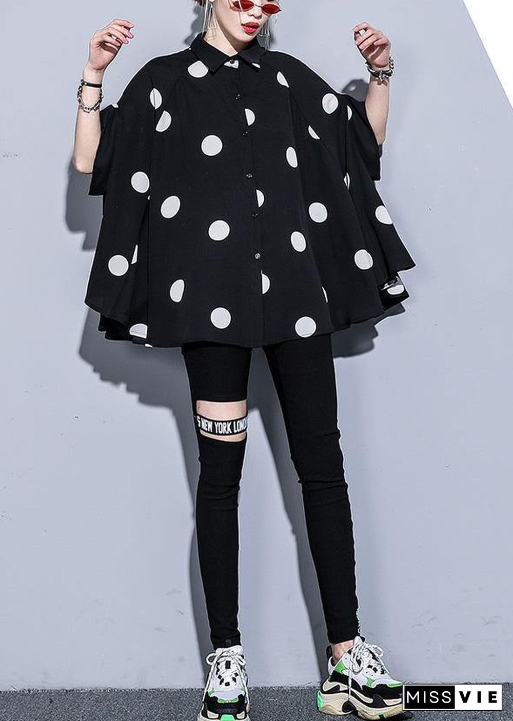 Mu black dotted chiffon clothes For Women 18th Century Catwalk lapel Art Summer Dress