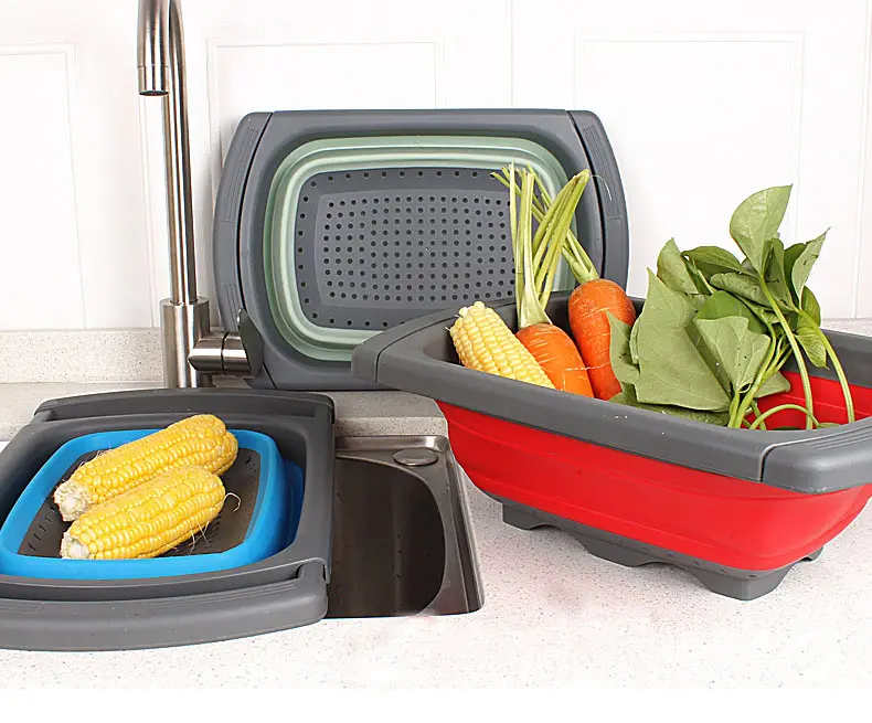 Firstents Fruit Vegetable Draining Kitchen Washing Filter Collapsible Silicone Folding Basket With Retractable Handles