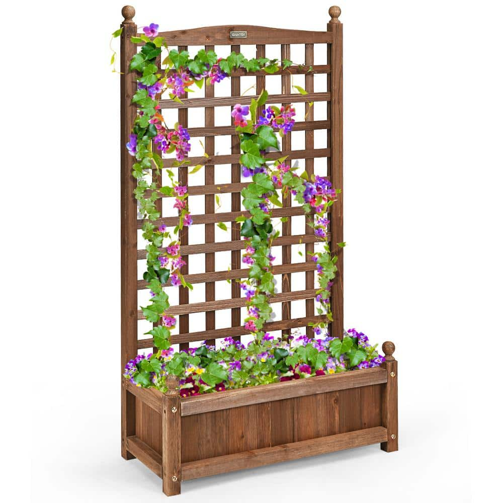 Costway 25 in. L x 11 in. W x 48 in. H 228.5 qt. IndoorOutdoor Rectangular Dark Brown Wood Ground Planter Box with Trellis J9D34-A28