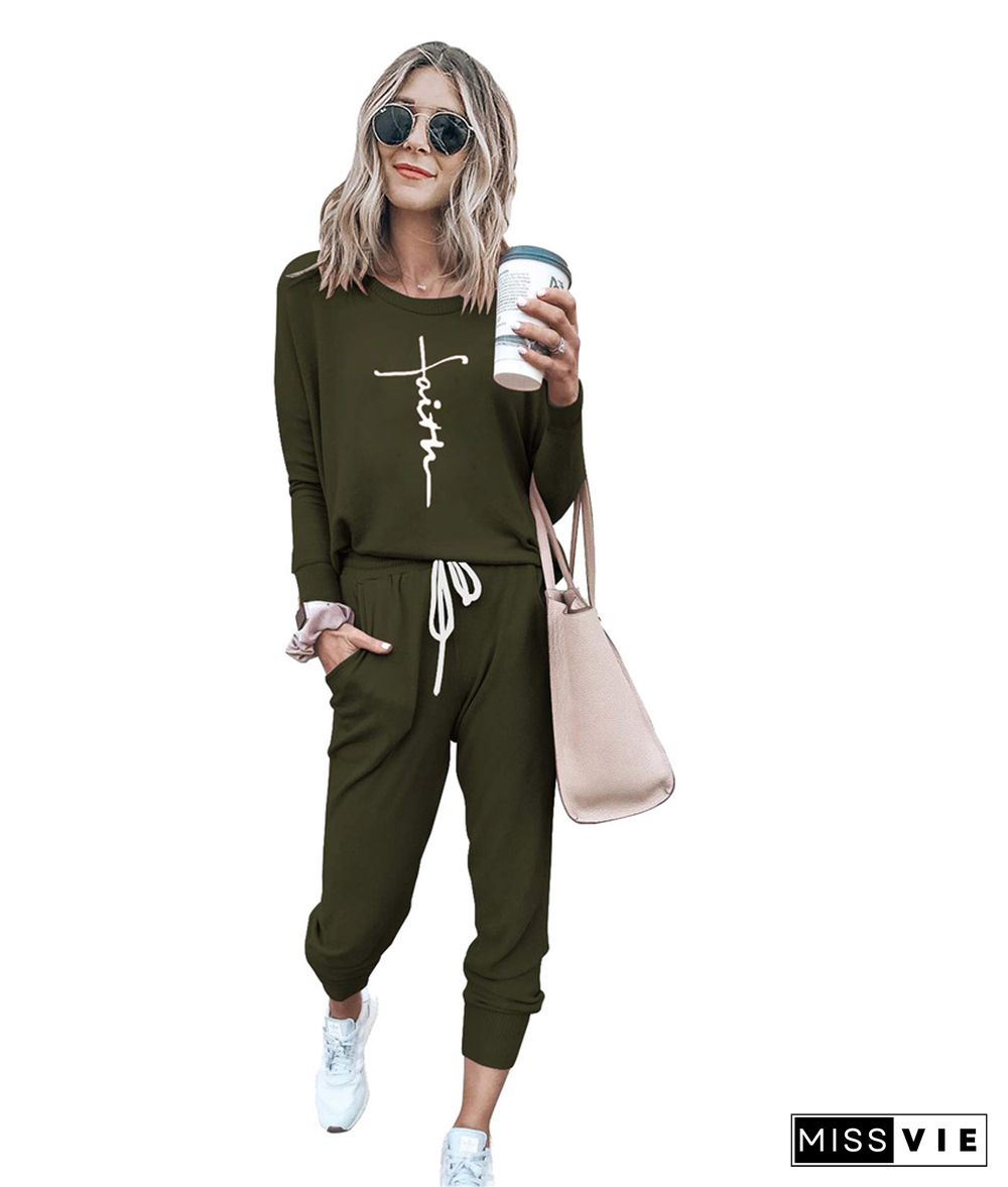 Casual Long Sleeve T Shirt Lounge 2 Piece Pants Set