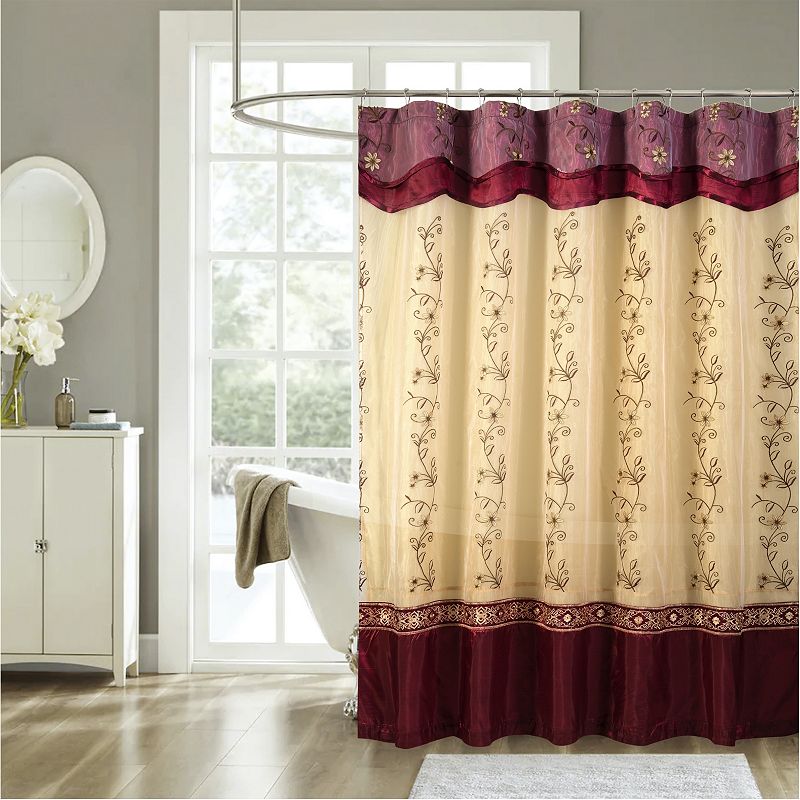 Kate Aurora Royal Living Embroidered Floral Sheer On Taffeta Layered Fabric Shower Curtain